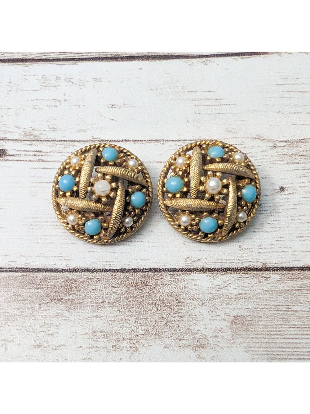 Vintage Clip On Earrings Statement Circle Gold Tone with Light Blue & Faux Pearl